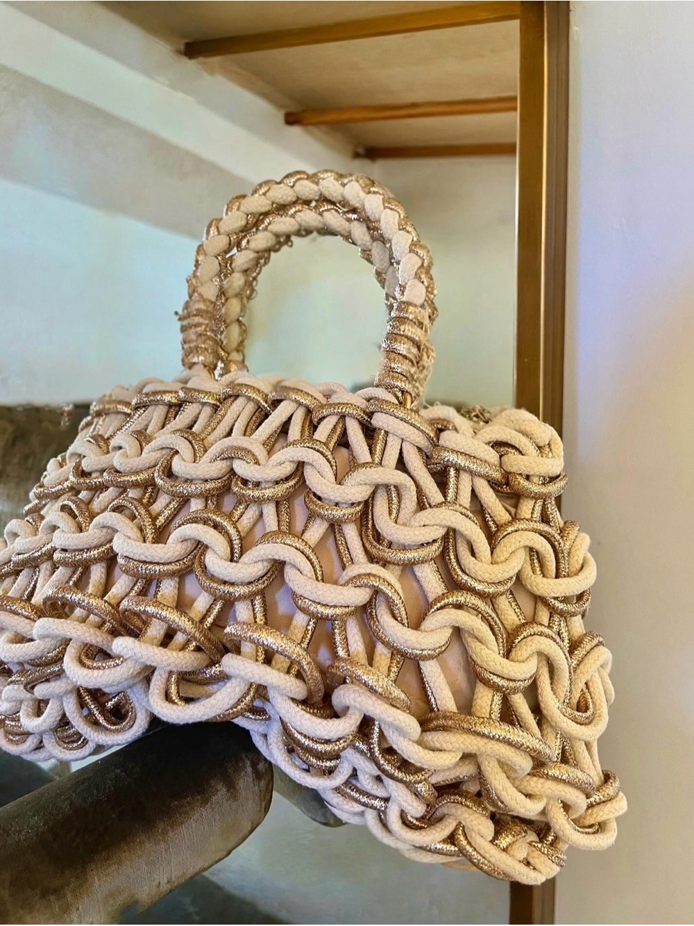 Braided Cream Satchel with Metallic Accent